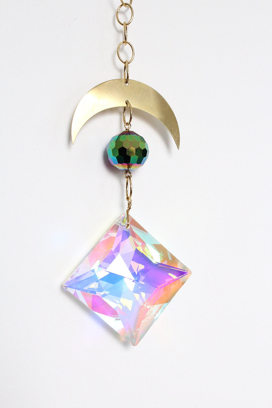 Aura Iridescent Sun Catcher | Crystal Brass Moon Wall Hanging Art | Christmas Ornament