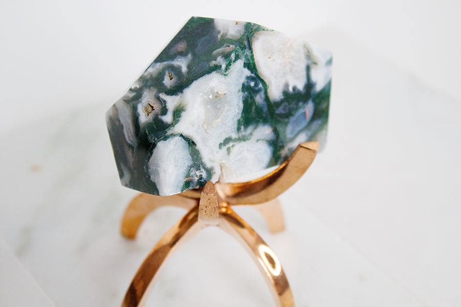 Green Moss Agate Crystal Mineral with Brass Display Stand | Natural Boho Decor