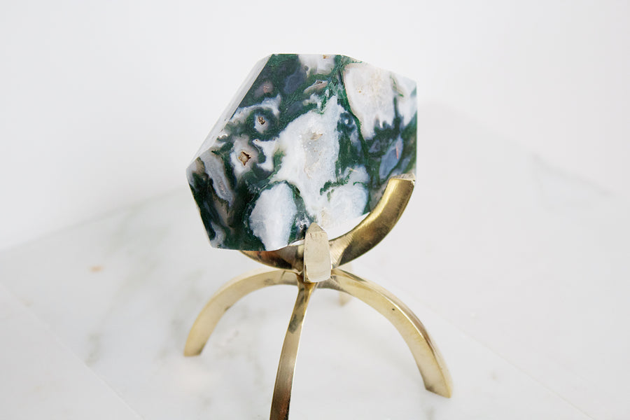 Green Moss Agate Crystal Mineral with Brass Display Stand | Natural Boho Decor