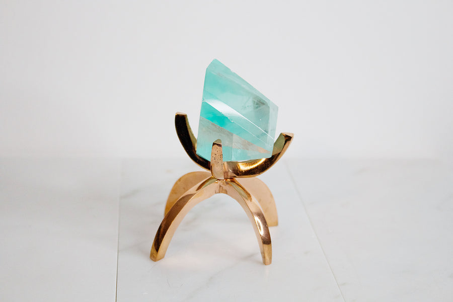 Green Fluorite Crystal with Brass Display Stand