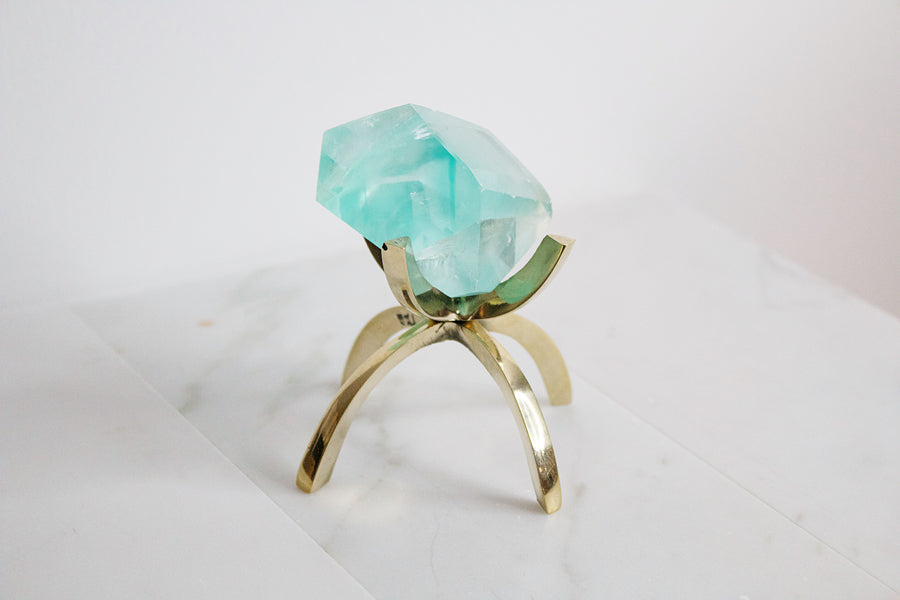 Green Fluorite Crystal with Brass Display Stand