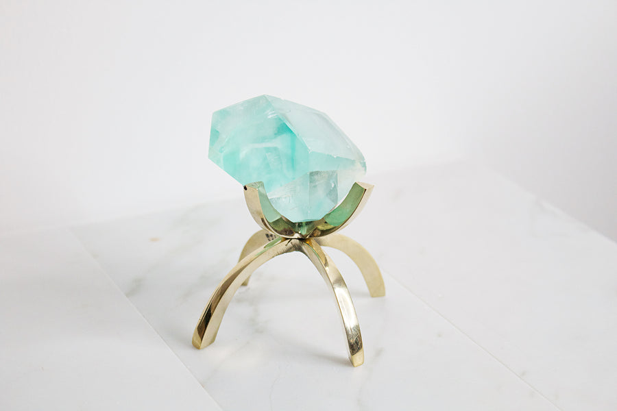 Green Fluorite Crystal with Brass Display Stand