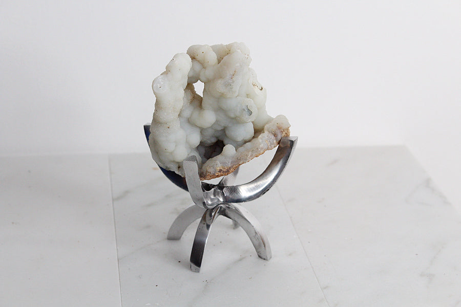 Chalcedony Quartz Crystal Mineral on Brass Modern Claw Display Stand | Boho Decor