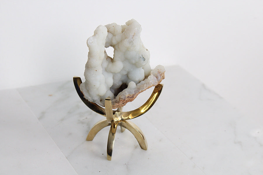 Chalcedony Quartz Crystal Mineral on Brass Modern Claw Display Stand | Boho Decor