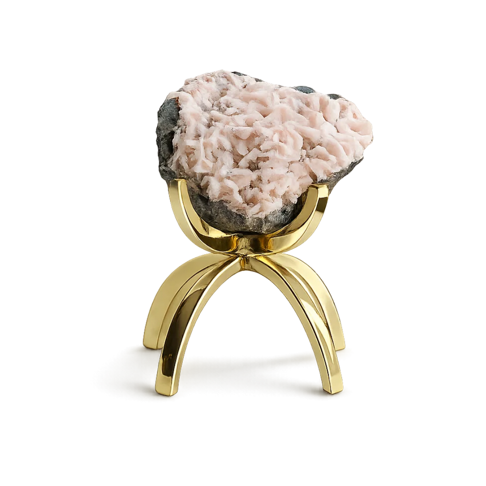 Heulandite & Pink Quartz – Brass Claw Crystal Display