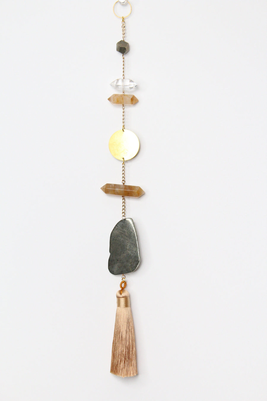 Sun Catcher Wall Art Crystal Brass Moon Wall Hanging Art Citrine Pyrite Clear Quartz