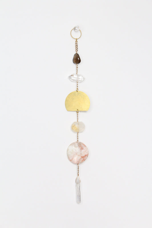 Crystal Sun Catcher Brass Moon Wall Art – Citrine, Smoky Quartz & Rose Jasper