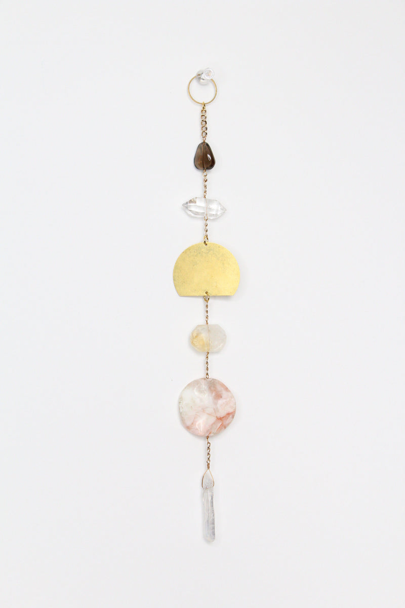 Crystal Sun Catcher Brass Moon Wall Art – Citrine, Smoky Quartz & Rose Jasper