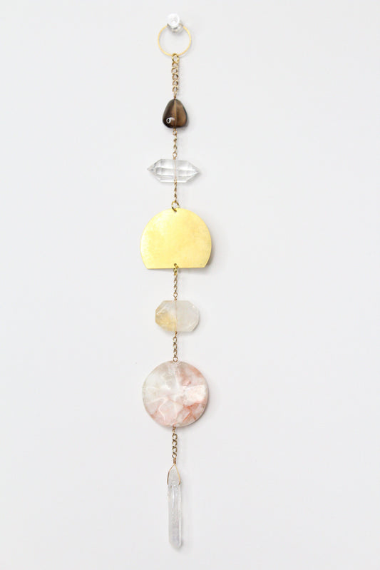 Crystal Sun Catcher Brass Moon Wall Art – Citrine, Smoky Quartz & Rose Jasper