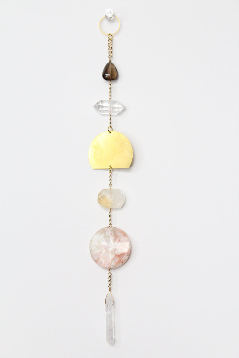 Crystal Sun Catcher Brass Moon Wall Art – Citrine, Smoky Quartz & Rose Jasper