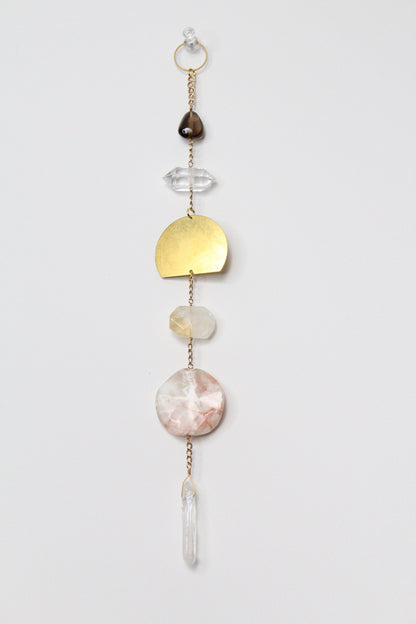 Crystal Sun Catcher Brass Moon Wall Art – Citrine, Smoky Quartz & Rose Jasper