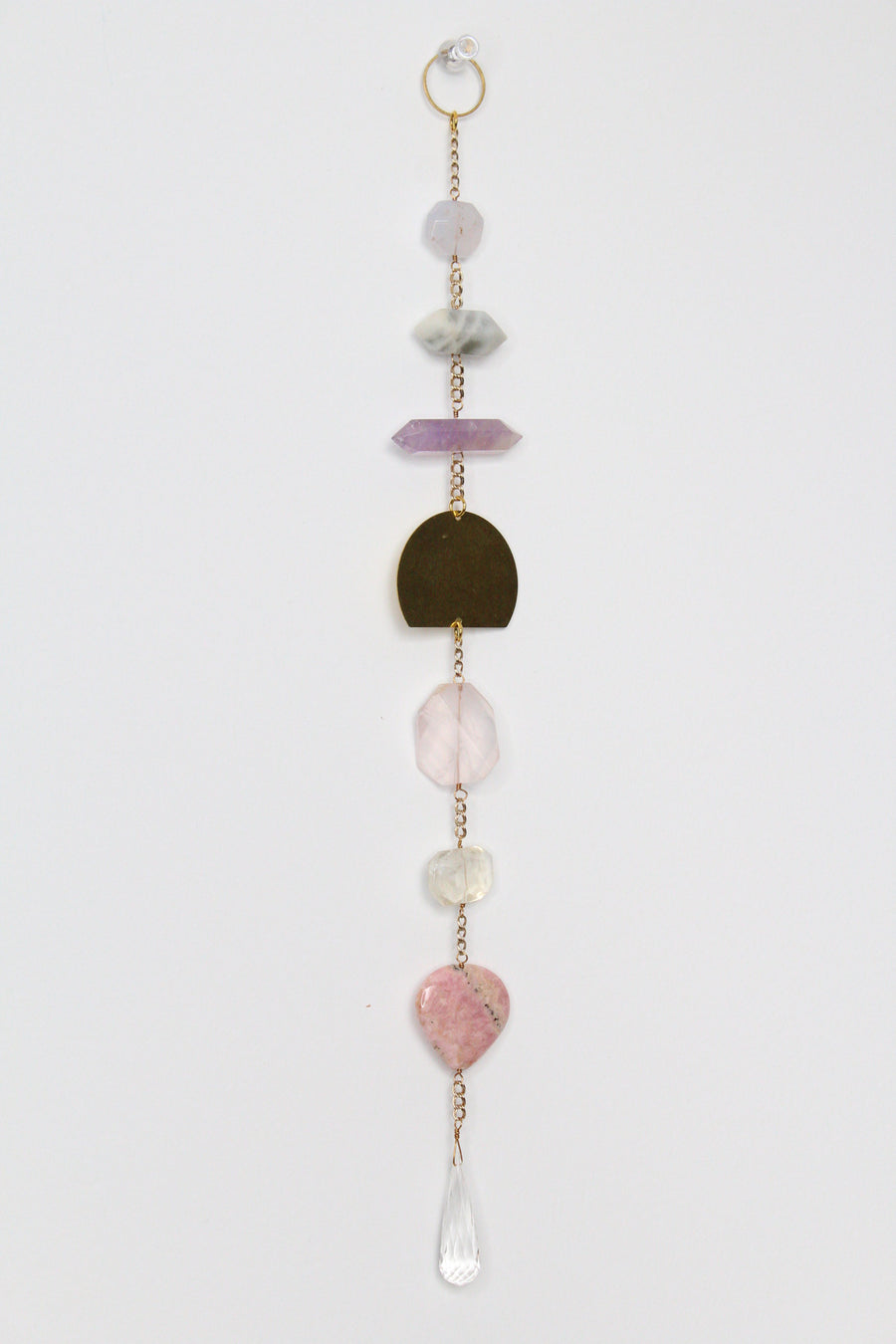 Calming Sun Catcher |Crystal Brass Moon Wall Hanging Art | Citrine Aura Quartz Smoky Quartz Rose Jasper