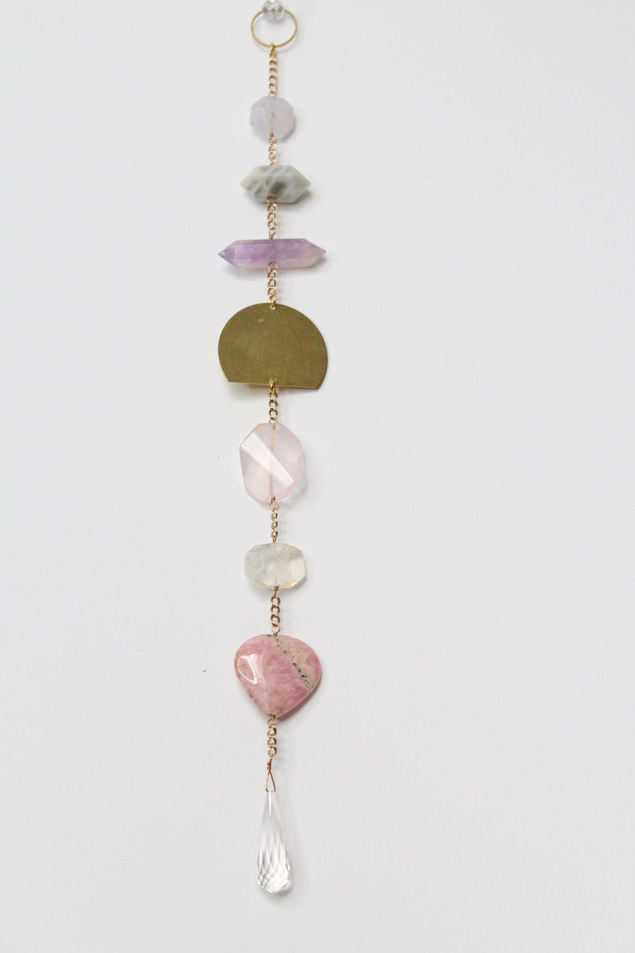 Calming Sun Catcher |Crystal Brass Moon Wall Hanging Art | Citrine Aura Quartz Smoky Quartz Rose Jasper