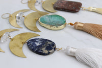 Crescent Brass Moon Wall Hanging - Sun Catcher with Fancy Jasper & Clear Quartz