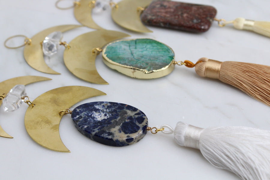 Crescent Brass Crystal Moon Wall Hanging Art | Sun Catcher | Fancy Jasper Clear Quartz