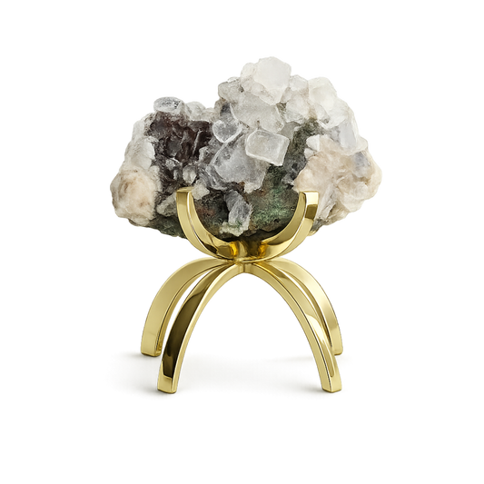Raw White Apophyllite & Stilbite Quartz on Brass Claw Stand – Boho Crystal Decor