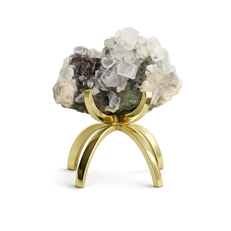 Raw White Apophyllite & Stilbite Quartz on Brass Claw Stand – Boho Crystal Decor