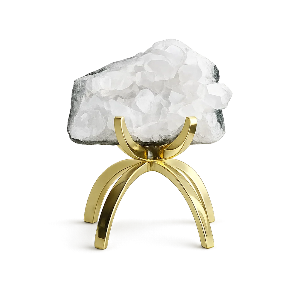 White Apophyllite Crystal on Brass Claw Stand – Modern Decor Accent