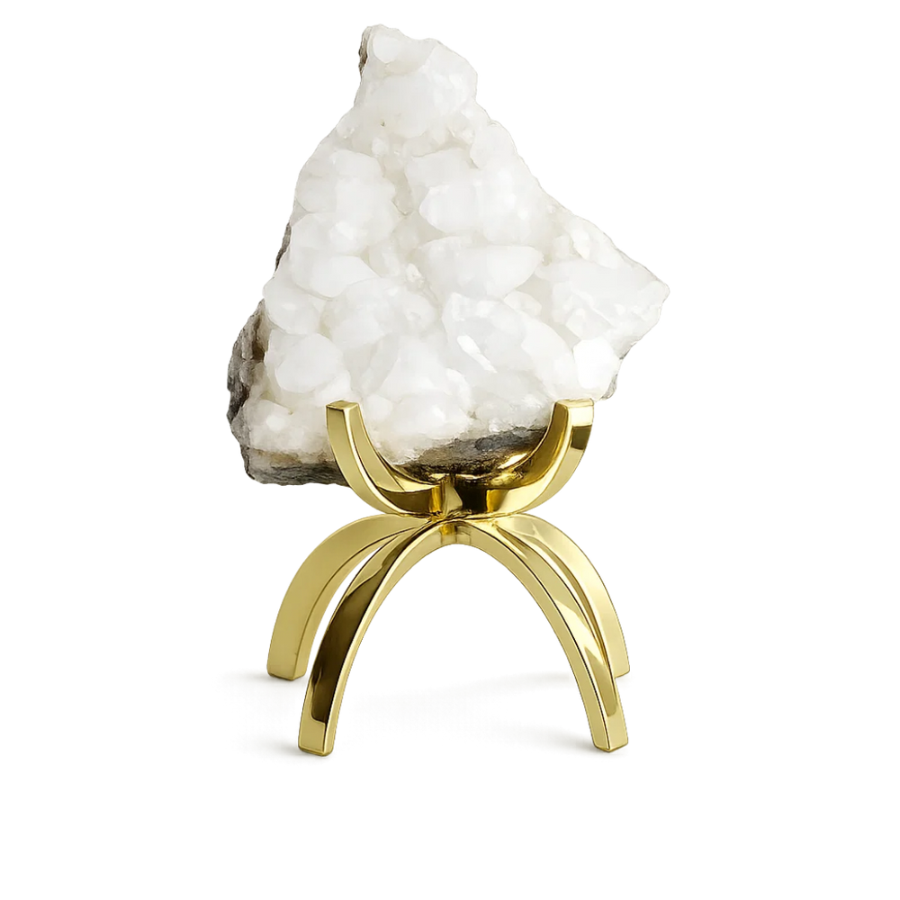 White Apophyllite Crystal on Brass Claw Stand – Modern Decor Accent