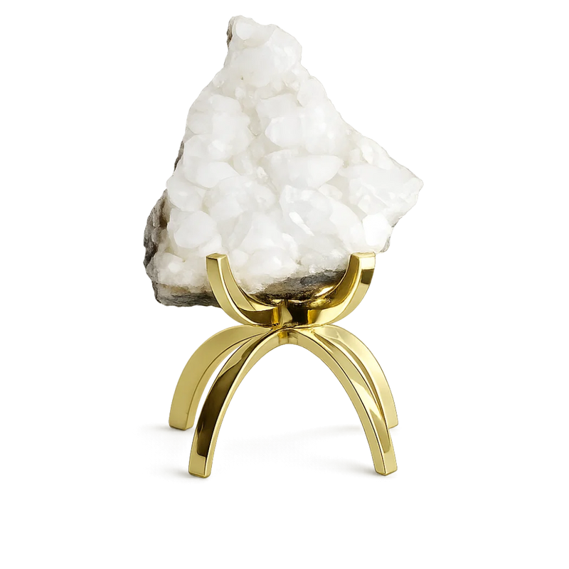 White Apophyllite Crystal on Brass Claw Stand – Modern Decor Accent