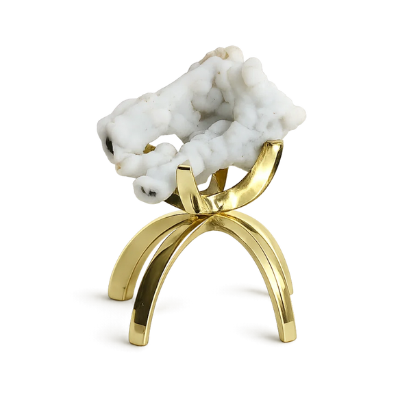 White Chalcedony Quartz on Brass Claw Stand – Boho Home Accent