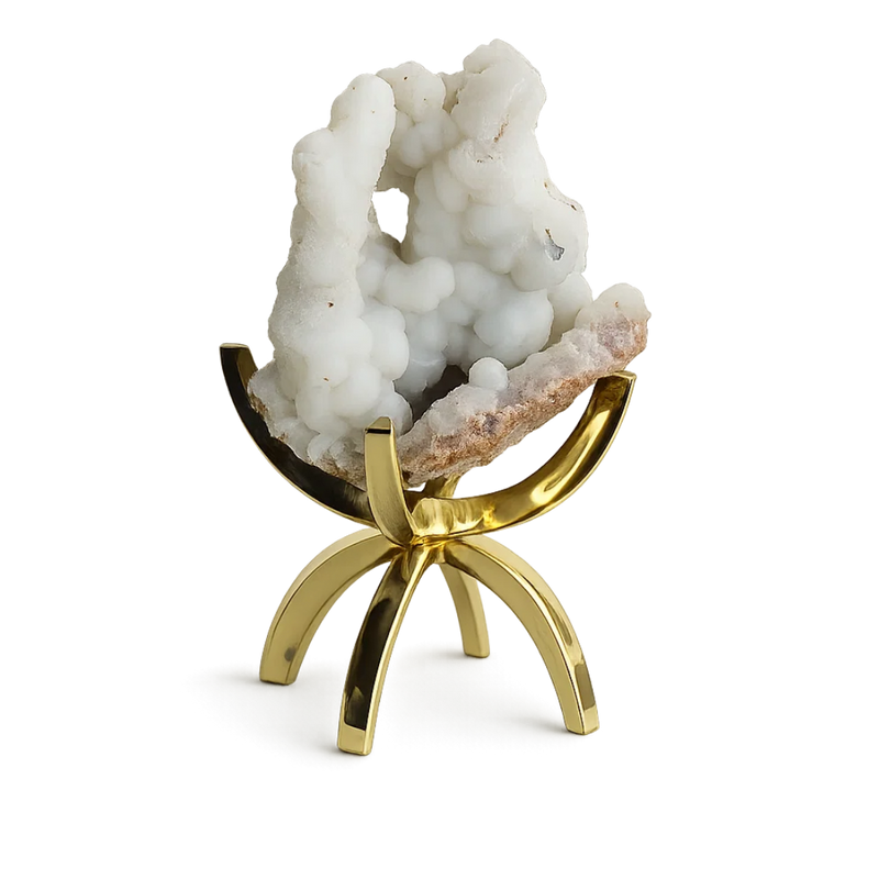 White Chalcedony Quartz – Boho Crystal Display with Brass Claw Stand