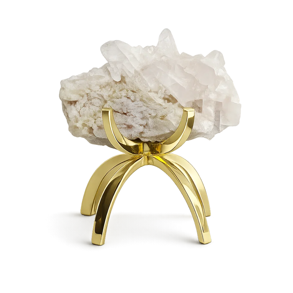 White Quartz & Blush Pink Stone on Brass Claw Stand – Modern Decor Accent