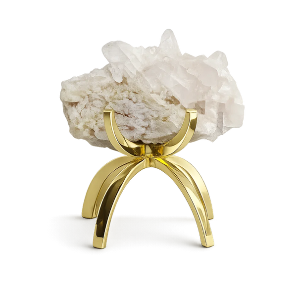 White Quartz & Blush Pink Stone on Brass Claw Stand – Modern Decor Accent