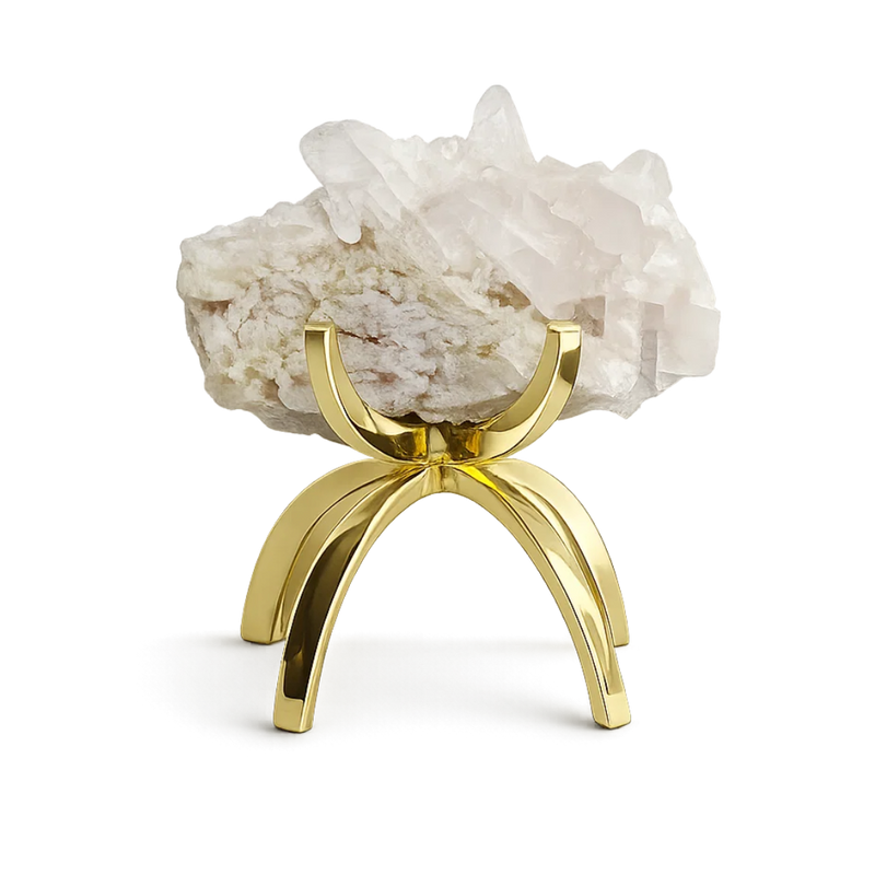 White Quartz & Blush Pink Stone on Brass Claw Stand – Modern Decor Accent