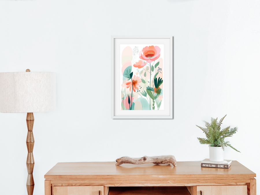 a table with a lamp and a painting on the wall