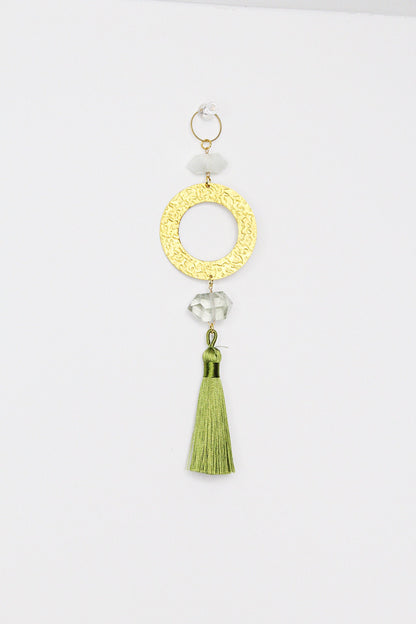 Green Amethyst Sun Catcher Crystal Brass Hoop Wall Hanging Art Green Tassel Wall Art Unique Brass Decor Accent Natural Gemstone Prasiolite