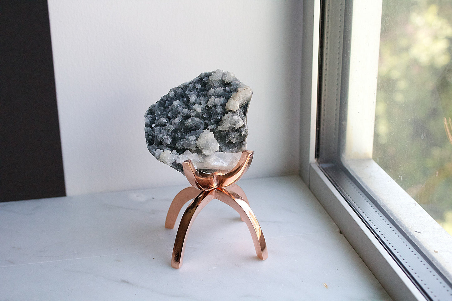 Apophyllite Chalcedony Gray Quartz Crystal on Brass Modern Claw Display Stand  Boho Decor Accent Unique Crystal Arrangement White Stone