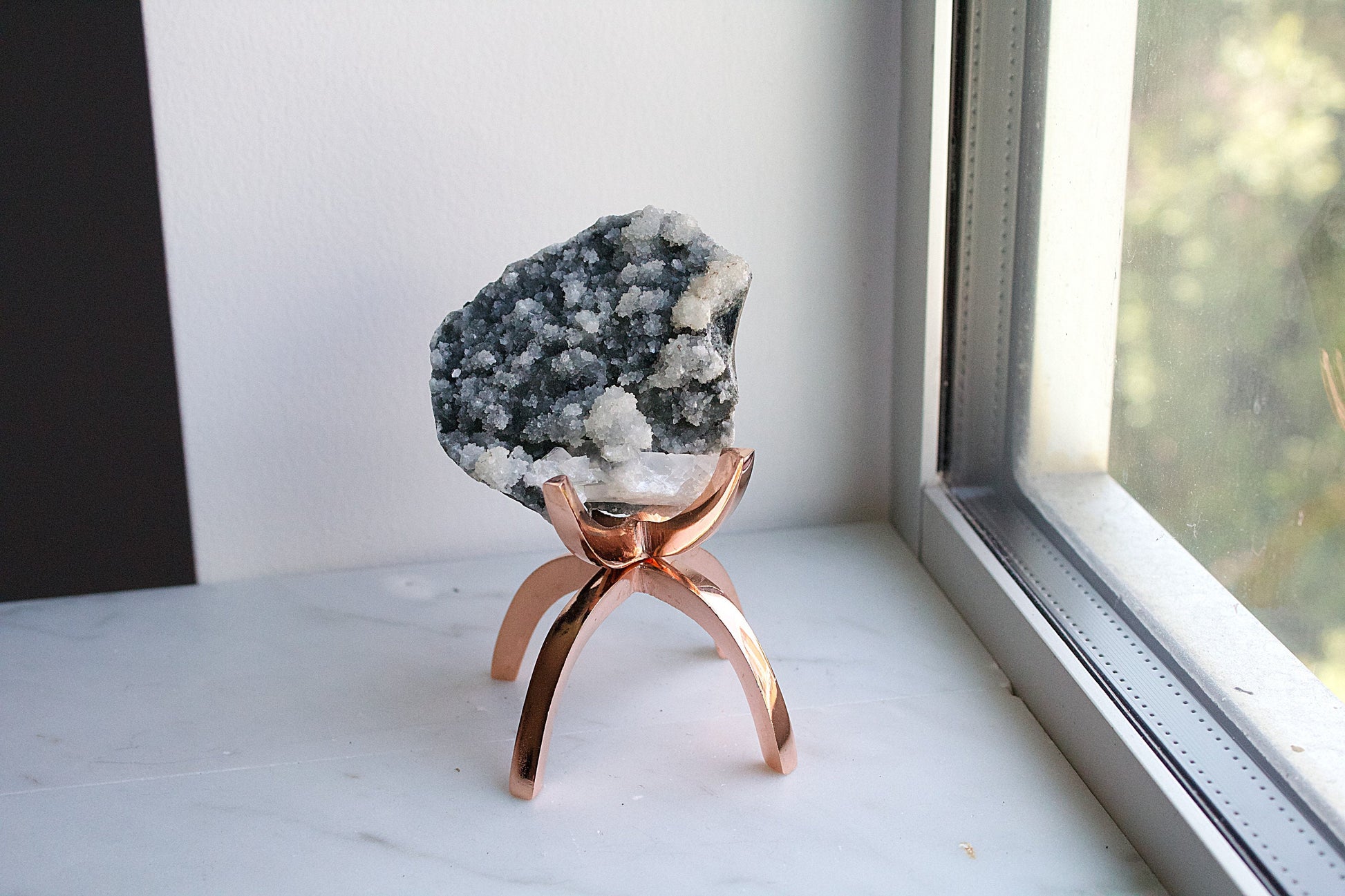 Apophyllite Chalcedony Gray Quartz Crystal on Brass Modern Claw Display Stand  Boho Decor Accent Unique Crystal Arrangement White Stone