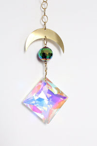 Iridescent Sun Catcher Decor with Crystal Brass Moon for Home Accents Light Catcher Crystal Brass Moon Wall Hanging Art Brass Moon Decor