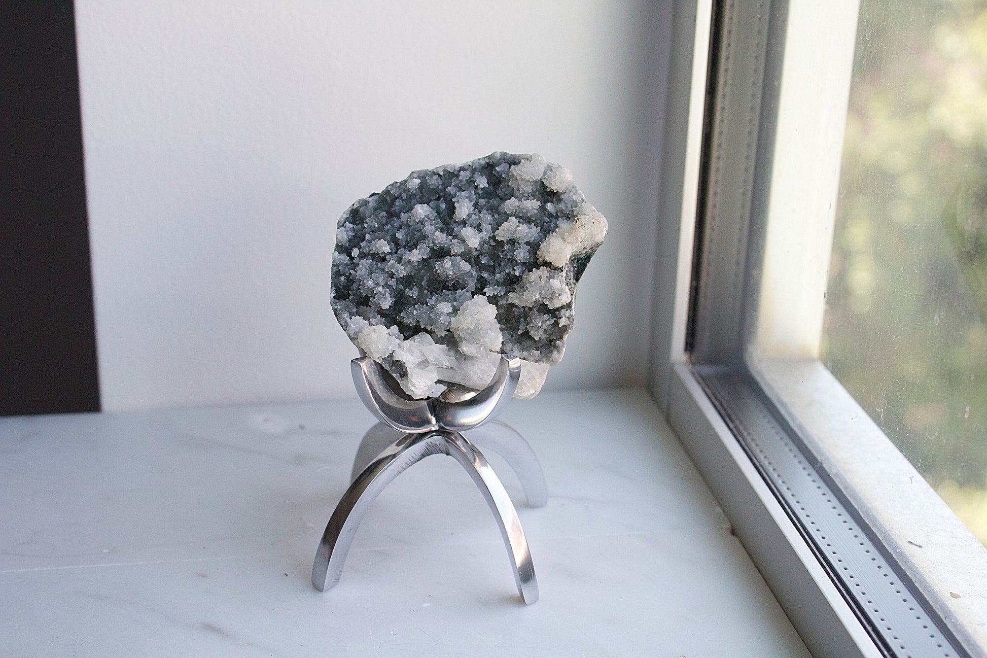 Apophyllite Chalcedony Gray Quartz Crystal on Brass Modern Claw Display Stand  Boho Decor Accent Unique Crystal Arrangement White Stone