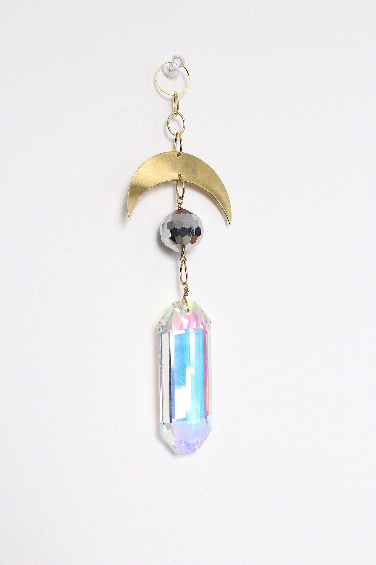 Iridescent Sun Catcher Decor with Crystal Brass Moon for Home Accents Light Catcher Crystal Brass Moon Wall Hanging Art Brass Moon Decor