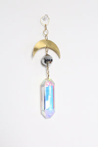 Iridescent Sun Catcher Decor with Crystal Brass Moon for Home Accents Light Catcher Crystal Brass Moon Wall Hanging Art Brass Moon Decor
