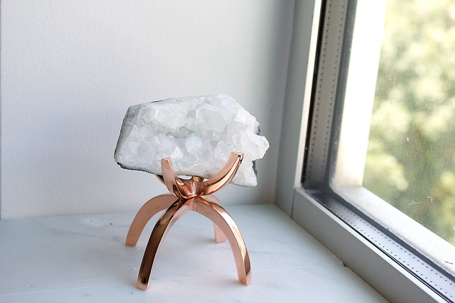 White Apophyllite Stone Modern Decor Accent with Brass Claw Display Stand Apophyllite Quartz Crystal Mineral on Brass Modern Claw Display