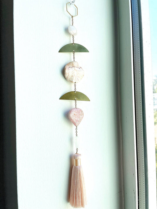Brass Crescent Moon Pink Crystal Wall Art – Rose Quartz, Jasper, Selenite