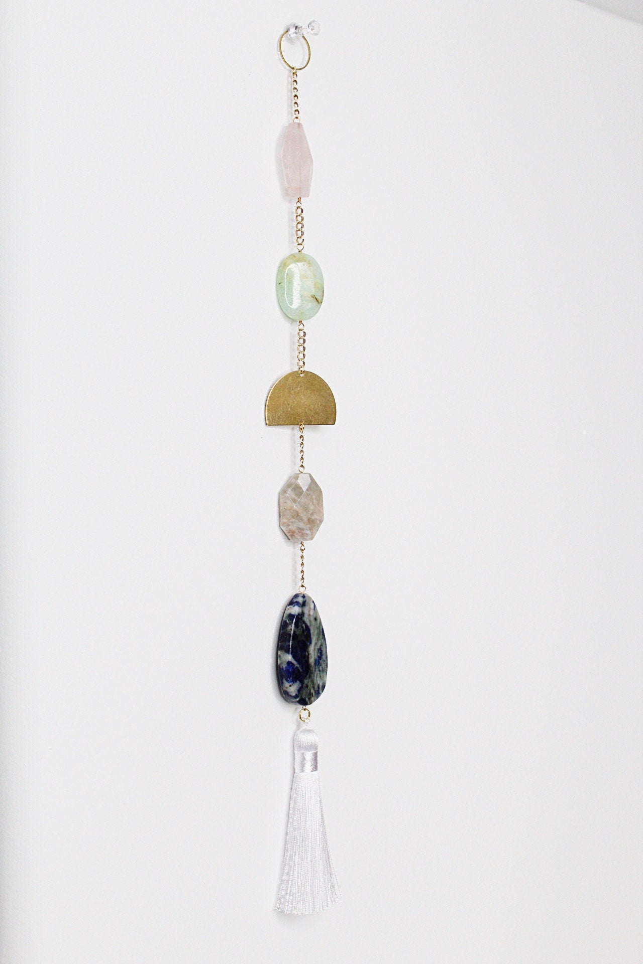 Sun Catcher Crystal Brass Moon Wall Hanging Art with Real Natural Stone Light Catcher Moonstone Rose Quartz Lapis Lazuli Crystal Brass Moon