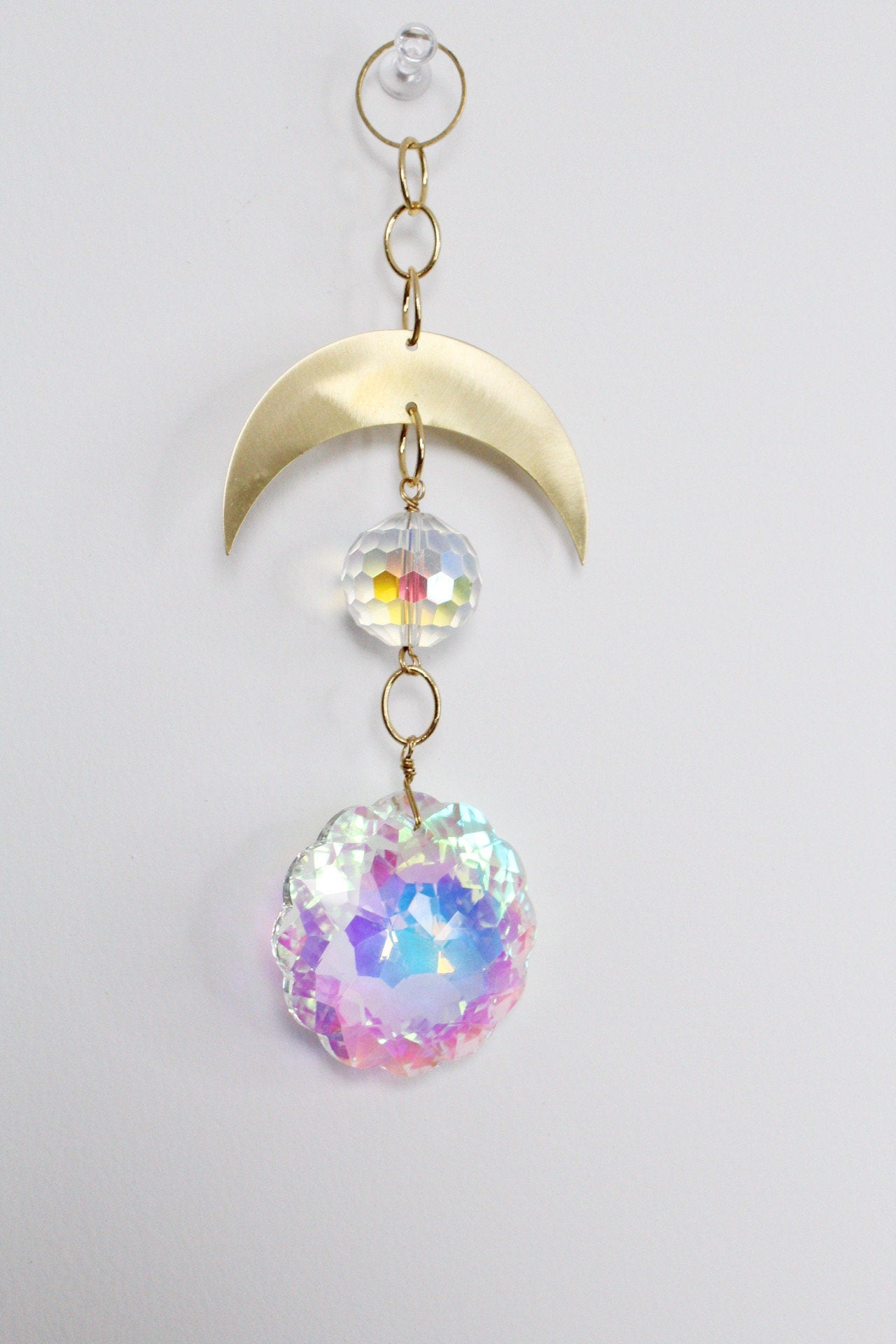 Aura Iridescent Sun Catcher Crystal Brass Moon Wall Hanging Art Crescent Moon Wall Hanging Clear Crystal Light Catcher Brass Chain Hanging