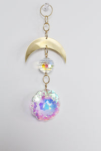 Aura Iridescent Sun Catcher Crystal Brass Moon Wall Hanging Art Crescent Moon Wall Hanging Clear Crystal Light Catcher Brass Chain Hanging