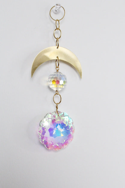 Aura Iridescent Sun Catcher Crystal Brass Moon Wall Hanging Art Crescent Moon Wall Hanging Clear Crystal Light Catcher Brass Chain Hanging