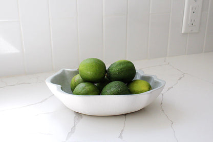 Coastal Kitchen Bowl White Stoneware Cerulean Interior Clamshell Design Modern Home Accent Piece Elegant Serving Dish Floral Arrangement Display Contemporary Dining Collection Matte Finish Decorative Shell Pattern Beach House Style