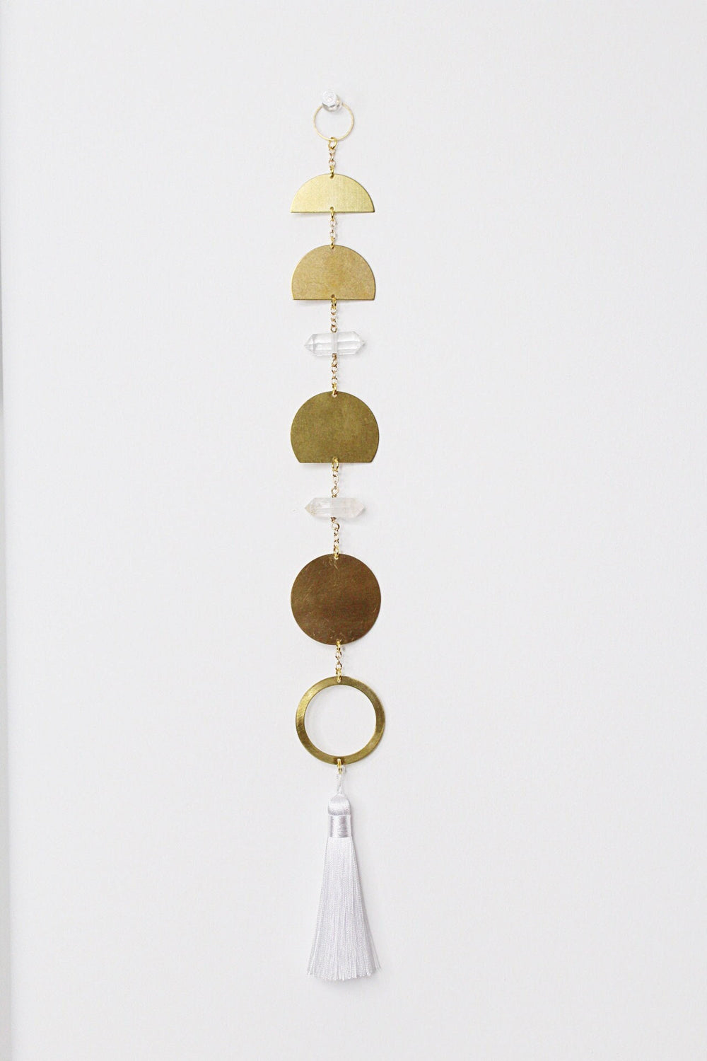 Handcrafted Brass Moon Phases Wall Hanging Art Sun Catcher Crystal Brass Moon Wall Hanging Art Real Natural Stone Clear Quartz White Tassel