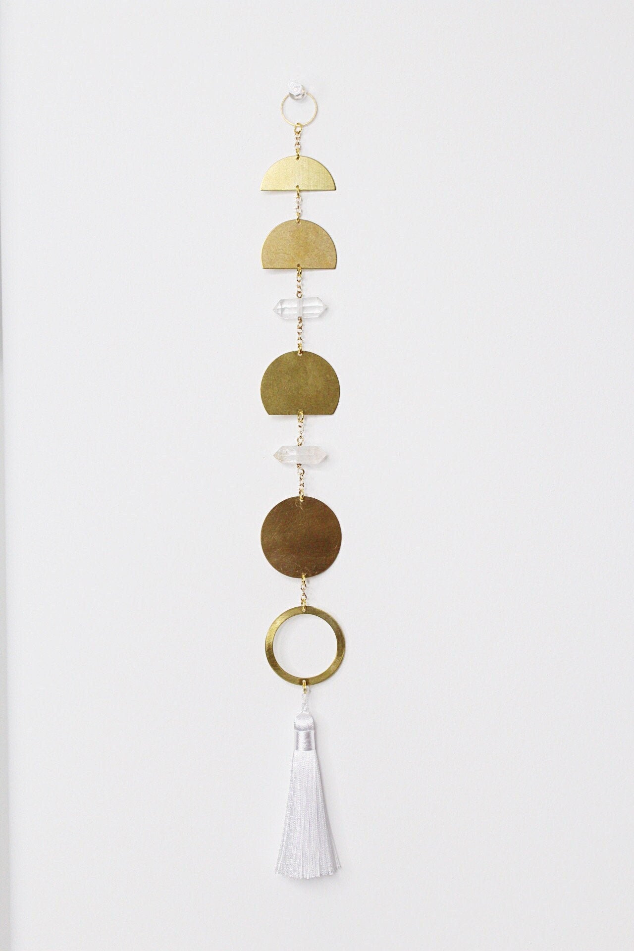 Handcrafted Brass Moon Phases Wall Hanging Art Sun Catcher Crystal Brass Moon Wall Hanging Art Real Natural Stone Clear Quartz White Tassel