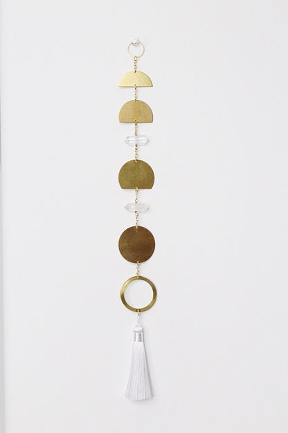 Handcrafted Brass Moon Phases Wall Hanging Art Sun Catcher Crystal Brass Moon Wall Hanging Art Real Natural Stone Clear Quartz White Tassel