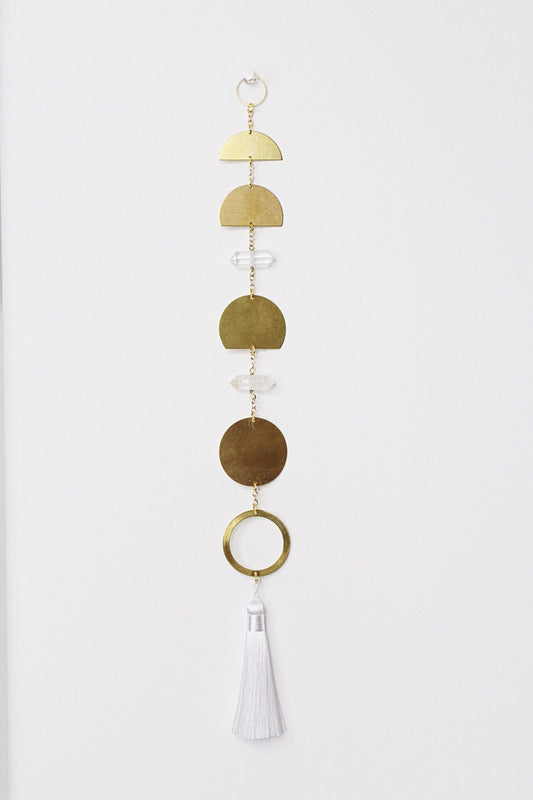 Handcrafted Brass Moon Phases Wall Hanging Art Sun Catcher Crystal Brass Moon Wall Hanging Art Real Natural Stone Clear Quartz White Tassel