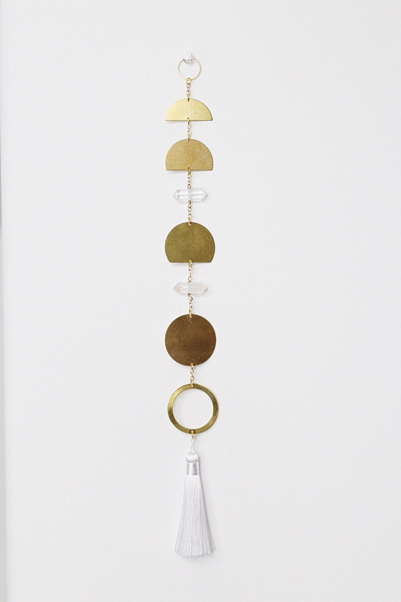 Handcrafted Brass Moon Phases Wall Hanging Art Sun Catcher Crystal Brass Moon Wall Hanging Art Real Natural Stone Clear Quartz White Tassel