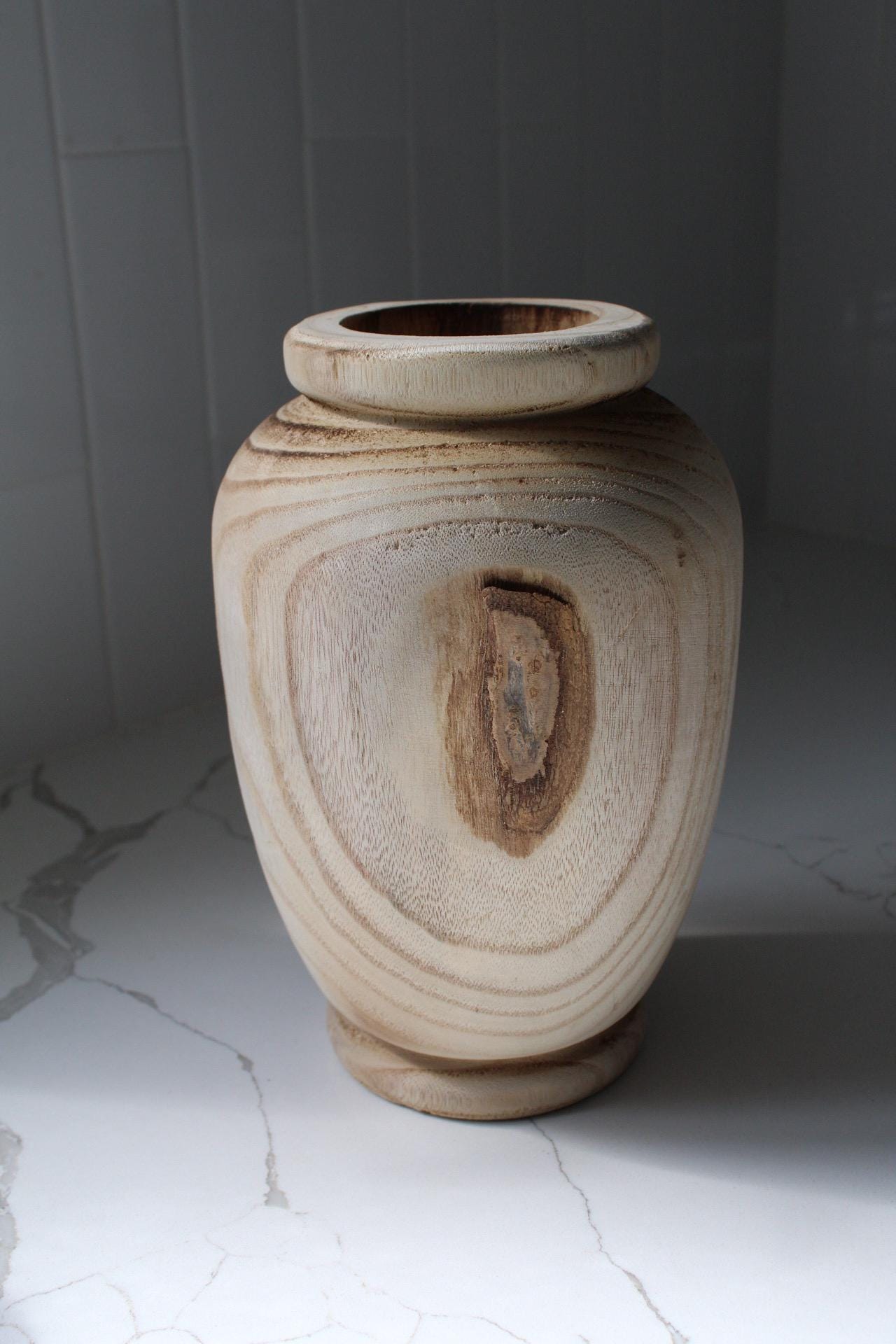 Handcrafted Wood Vase Natural Home Decor Piece Modern Farmhouse Style Dried Floral Container Organic Design Detail Decorative Branch Display Beautiful Wood Grain Pattern Contemporary Living Space Accent Art Collection Natural Material